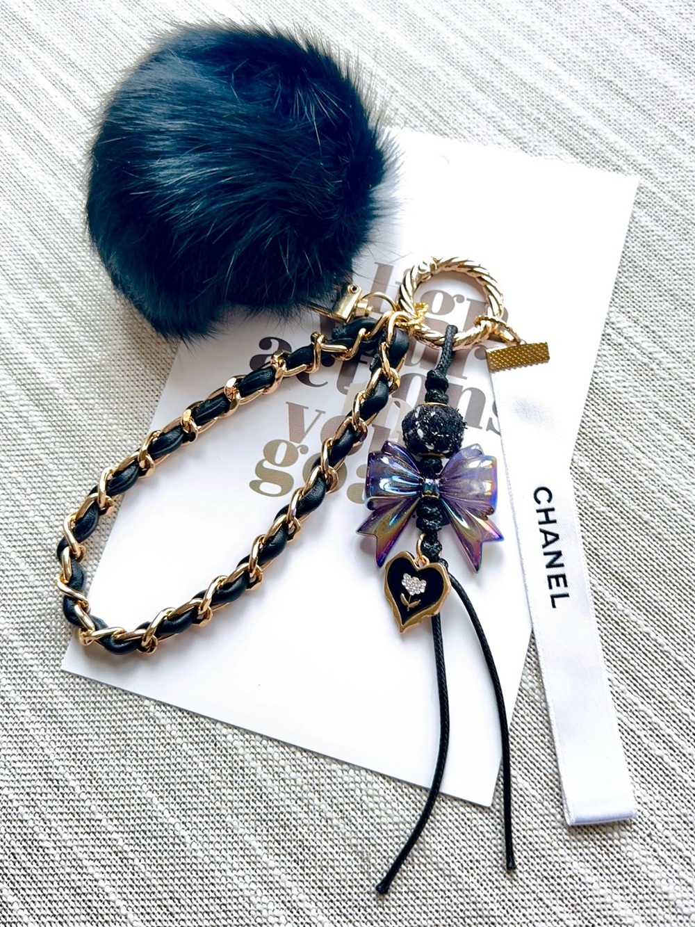 Authentic Chanel Ribbon&Unbranded Black Chain charm with unbranded Bow Charm